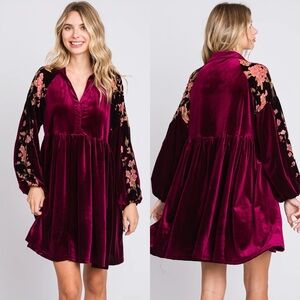 Umgee Alice Babydoll Burgundy Velvet long sleeve Mini Dress medium